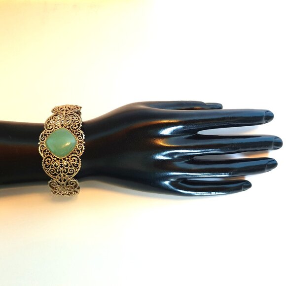 Vintage 1950s Chinese Export Green Jade Sterling Gold Vermeil Filigree Bracelet - Picture 13 of 13